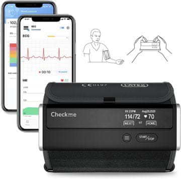 slomart CheckMe BP2 Connect Merilnik krvnega tlaka nadlaket z 3 zaporednimi meritvami, EKG in poročilom o analizi AI, povezava Bluetooth & WiFi, merilnik pulza, APP neomejeno upravljanje podatkov