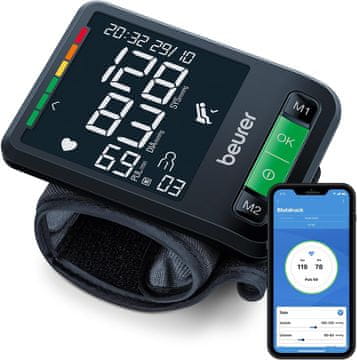 slomart Beurer BC 87 merilnik krvnega tlaka na zapestju z aplikacijo, klinično validiran, XL zaslon, indikator mirovanja, tehnologija napihovanja, barvni indikator tveganja in zaznavanje aritmije