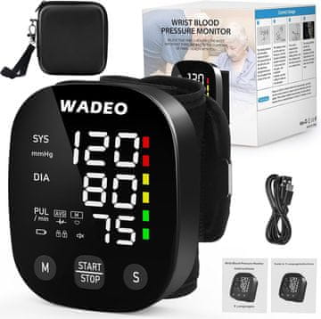 slomart WADEO Digitalni zapestni merilnik krvnega tlaka z LCD zaslonom, glasovno funkcijo, natančnim merjenjem, 2 x 99 spominov, prenosni merilnik krvnega tlaka z zaznavanjem aritmije za domačo uporabo
