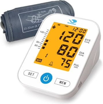 slomart Merilnik krvnega tlaka za nadlaket s popolnoma avtomatskim zaznavanjem aritmije in merjenjem pulza, velikim LED zaslonom, 2x99 spominov, manšeta 22-32 cm (bela)