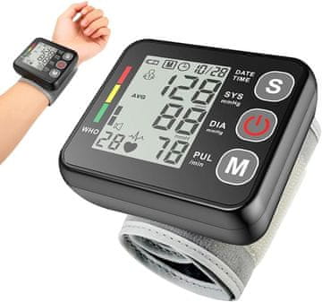 slomart Manšeta za merjenje krvnega tlaka na zapestju, popolnoma avtomatski, velik LED zaslon, zaznavanje aritmije, 2x99 spominskih mest, 13,5-21,5 cm