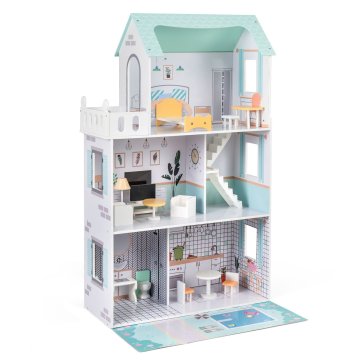 Northix Lesena 3-nadstropna hišica za punčke z 17 kosi pohištva, balkon, bazen, MDF, masiven les