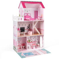 Northix Lesena 3-nadstropna hišica za punčke z 17 kosi pohištva, MDF, masiven les