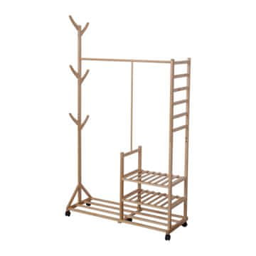 Northix Bambusov obešalnik za plašče s policami, kavlji in kolesci