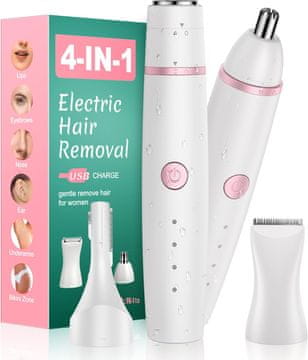 slomart Ženski odstranjevalec dlačic 4 v 1 Suho & mokro. Trimer za nos, brivnik, intimni predel, obrvi. Indikator baterije, IPX6, USB.