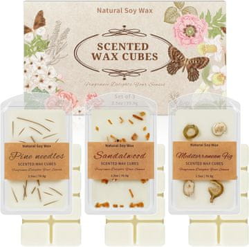 slomart SCENTORINI dišeče vosek kocke 3x (sandalovina, figa, borova iglica) – sojin vosek z eteričnimi olji in posušenimi cvetlicami, za grelnike in gorilnike