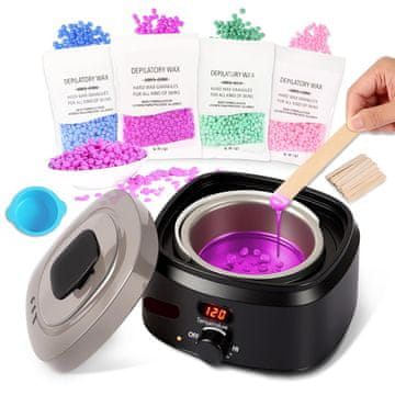 slomart Komplet za depilacijo, odstranjevanje dlačic z voskom, digitalni grelec za vosek, 400g voska, 20 palčk, silikonska posoda, domača depilacija, komplet za depilacijo celega telesa.