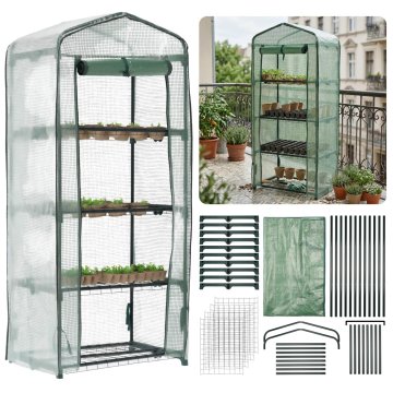 GARDEN LINE Zelena vrtna rastlinjak s štirimi policami, plastični tunel z zadrgo, pladenj za sadike 69x49x160 cm