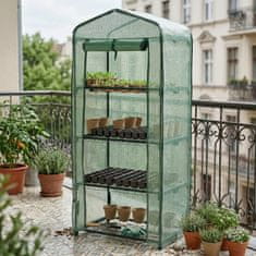 GARDEN LINE Zelena vrtna rastlinjak s štirimi policami, plastični tunel z zadrgo, pladenj za sadike 69x49x160 cm