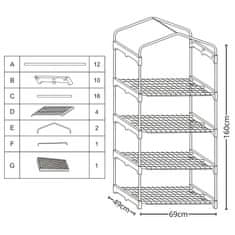 GARDEN LINE Zelena vrtna rastlinjak s štirimi policami, plastični tunel z zadrgo, pladenj za sadike 69x49x160 cm