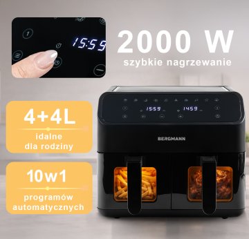 shumee BERGMANN YA cvrtnik brez maščobe, 2 horizontalni komori, 4l+4l, 2000W N