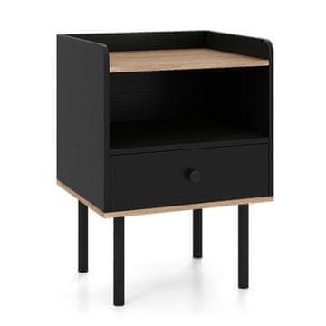 Northix Črna nočna omarica s predalom in odprto polico kovinske noge 40 x 30 x 50 cm