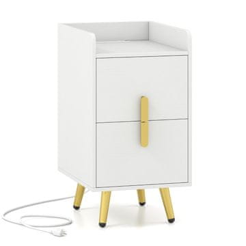 Northix Nočna omarica s polnilno postajo, 2 predala, kovinske noge, bela
