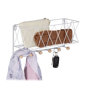 Northix Stenska polica s 6 kavlji in zgornjo mrežasto košaro za shranjevanje