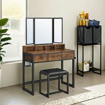 Songmics Toaletna mizica s 3-delnim zložljivim ogledalom 90x40x141 cm rjava