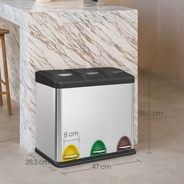 Songmics Kuhinjski smetnjak 3 predelki 47x283x395 cm srebrno črn