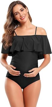 Nikcorp Nosečniške kopalke enodelne z volančki in nastavljivimi naramnicami, črne barve, velikost M, hitro sušeče