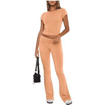 Nikcorp Ženski trenirka komplet crop top in hlače na zvon, udoben športen komplet, elastičen pas, oranžen, velikost M
