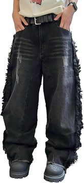 Nikcorp Moške široke kavbojke Y2K, hip hop ohlapen oversize kroj, trpežen denim s surovimi robovi, črne barve, velikost S