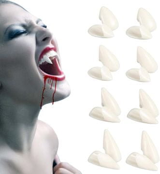 Nikcorp Vampirski zobje in umetni podočniki za noč čarovnic, komplet 8 parov v 4 velikostih z lepilom za odrasle in otroke