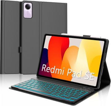 Nikcorp Etui s tipkovnico za Redmi Pad SE 11, osvetljena Bluetooth tipkovnica AZERTY, črn ovitek iz umetnega usnja