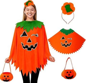 Nikcorp Ženski kostum buča za noč čarovnic, ogrinjalo s fluorescenčnim vzorcem, obroč in torba, univerzalna velikost, oranžen