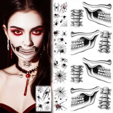 Nikcorp Tetovaže za obraz za noč čarovnic, set 9 listov, začasni vodni tatuji z motivi pajkov in lobanj za maškare