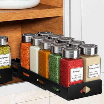 Nikcorp Izvlečni organizator za začimbe za kuhinjsko omarico, teleskopska polica iz črnega aluminija, 26,8 x 21,3 x 7,2 cm