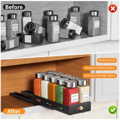 Nikcorp Izvlečni organizator za začimbe za kuhinjsko omarico, teleskopska polica iz črnega aluminija, 26,8 x 21,3 x 7,2 cm