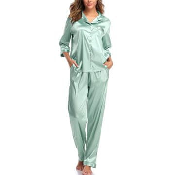 Nikcorp Ženska satenasta pidžama, dvodelni komplet s srajco in dolgimi hlačami, svileni saten, smaragdno zelena, velikost L