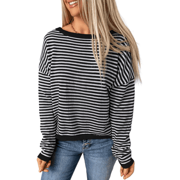 Nikcorp Ženska bluza z dolgimi rokavi, črtasta, 100 % bombaž, mornarski stil, okrogel izrez, bela s črnimi črtami, velikost S