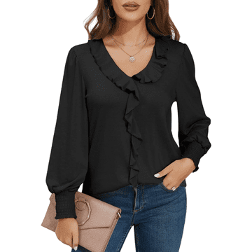 Nikcorp Ženska bluza z V-izrezom in napihnjenimi rokavi, elegantna vintage majica z dolgimi rokavi, črna, velikost M