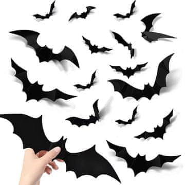 Nikcorp 3D nalepke za noč čarovnic Netopirji, komplet 72 kosov, vodoodporna stenska dekoracija iz PVC, črne barve