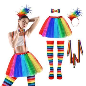 Nikcorp Ženski pustni kostum mavrično krilo, 5-delni komplet s tilom, naramnicami in dokolenkami, univerzalna velikost