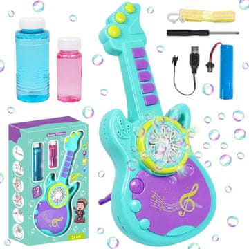 Nikcorp Stroj za milne mehurčke v obliki kitare, avtomatski generator z glasbo, LED osvetlitvijo, USB baterijo in tekočino