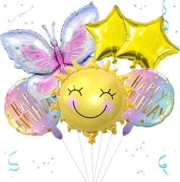 Nikcorp Folija baloni Metulji in Sonce, set 6 kosov, dekoracija za rojstni dan, Happy Birthday, vijolični in zlati motiv
