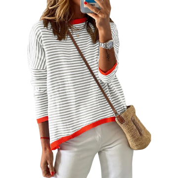 Nikcorp Ženski črtast pulover iz 100 % bombaža, okrogel izrez, topel in mehek pleten pulover, sivo-bela barva, velikost M