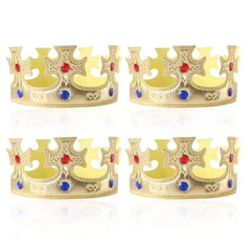 Nikcorp Kraljevska krona za kostum kralja in kraljice, zlata z dragulji, 57 cm, komplet 4 kosi, pustni dodatki in rekviziti