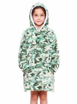 Nikcorp Otroška odeja s kapuco 2v1, pulover oversize iz flisa, toplo domače oblačilo, mehak flanela flis, zelena kamuflaža