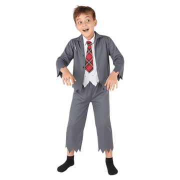 Nikcorp Otroški kostum Zombie za noč čarovnic in pust, komplet zgornji del in hlače, siva barva, starost 9-11 let