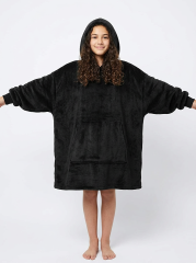 Nikcorp Odeja pulover za otroke 2v1 s kapuco in Sherpa podlogo, topla otroška oversize odeja z žepom, črna barva