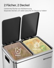 Songmics Koš za recikliranje 2 prekata 41x47x36 cm srebrne barve