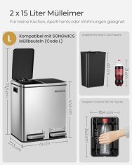 Songmics Koš za recikliranje 2 prekata 41x47x36 cm srebrne barve