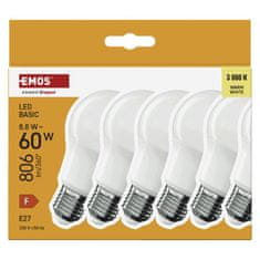 Emos Basic A60 LED žarnica, E27, 806 lm, 60 W, toplo bela, 6/1