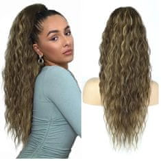 FRILLA® 66 cm valovit podaljšek za čop z vrvico, toplotno odporna sintetična vlakna, naraven volumen za hitro pričesko | WAVYPONY Temno rjava