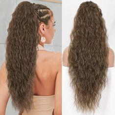 FRILLA® 66 cm valovit podaljšek za čop z vrvico, toplotno odporna sintetična vlakna, naraven volumen za hitro pričesko | WAVYPONY Temno rjava