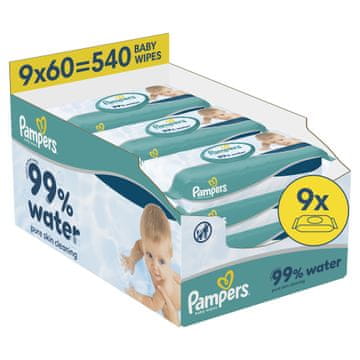 Pampers 99% Water Pure Skin Cleaning vlažilni robčki, 9 x 60 kosov