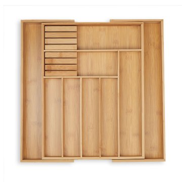 Northix Raztegljiv pladenj za jedilni pribor iz bambusa z 7 predelki in 2 bloka nožev