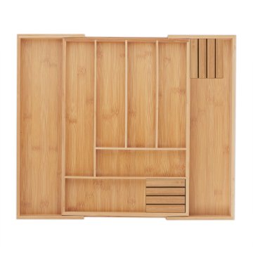 Northix Raztegljiv pladenj za jedilni pribor iz bambusa z 6 predelki in 2 bloka nožev