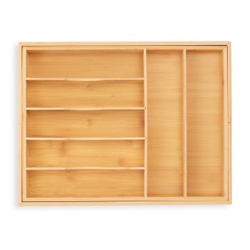 Northix Raztegljiv pladenj za jedilni pribor iz bambusa z 7 predelki in 2 izvlečnima